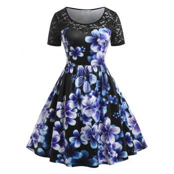 

Plus Size Floral Print Lace Panel Knee Length Dress, Multicolor