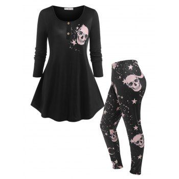 

Plus Size Skull Print Halloween Pajamas Set, Black
