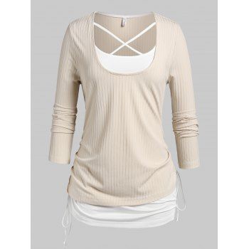 

Plus Size Ribbed Tee and Crisscross Cinched Tank Top Set, Light coffee