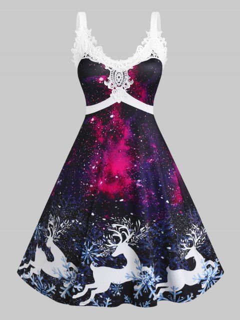 Plus Size Lace Panel Elk Print 3D Galaxy Christmas Dress