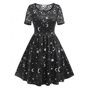 

Plus Size Lace Panel Starry Star Print Dress, Black