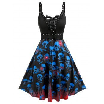 

Plus Size Lace Up Eyelets Skull Print Halloween Dress, Black