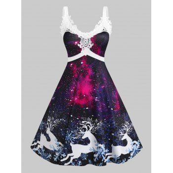 

Plus Size Lace Panel Elk Print 3D Galaxy Christmas Dress, Multicolor