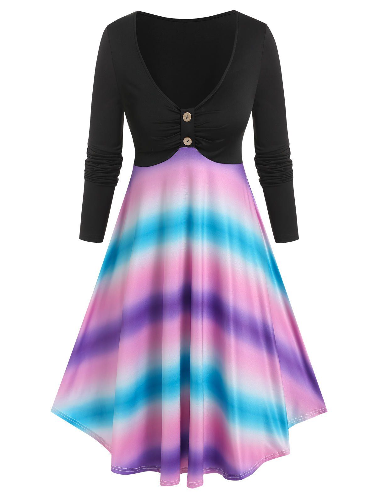 Tie Dye Print Long Sleeve Dress - multicolor XL