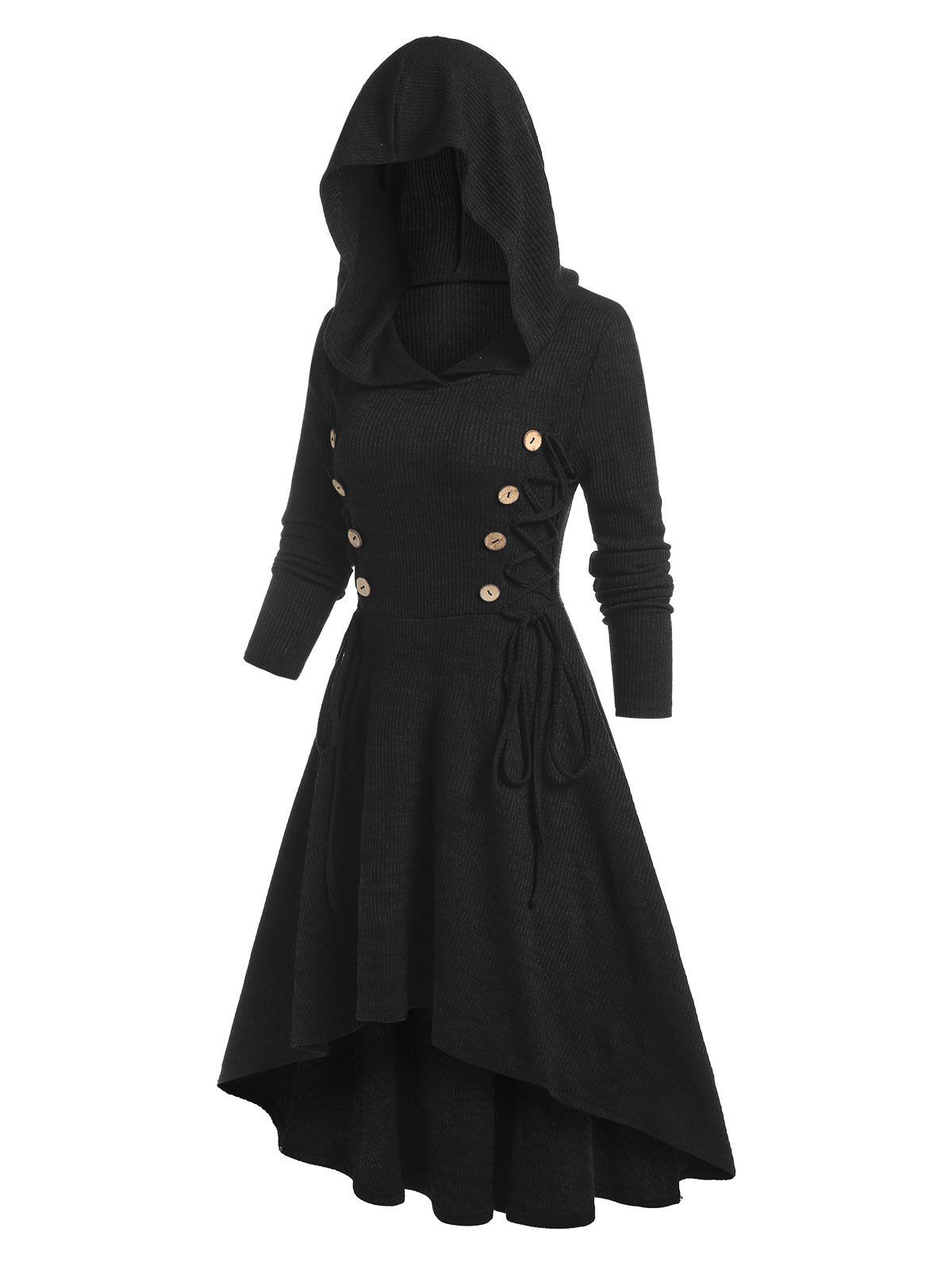 Hooded Lace-up High Low Sweater Dress - BLACK M