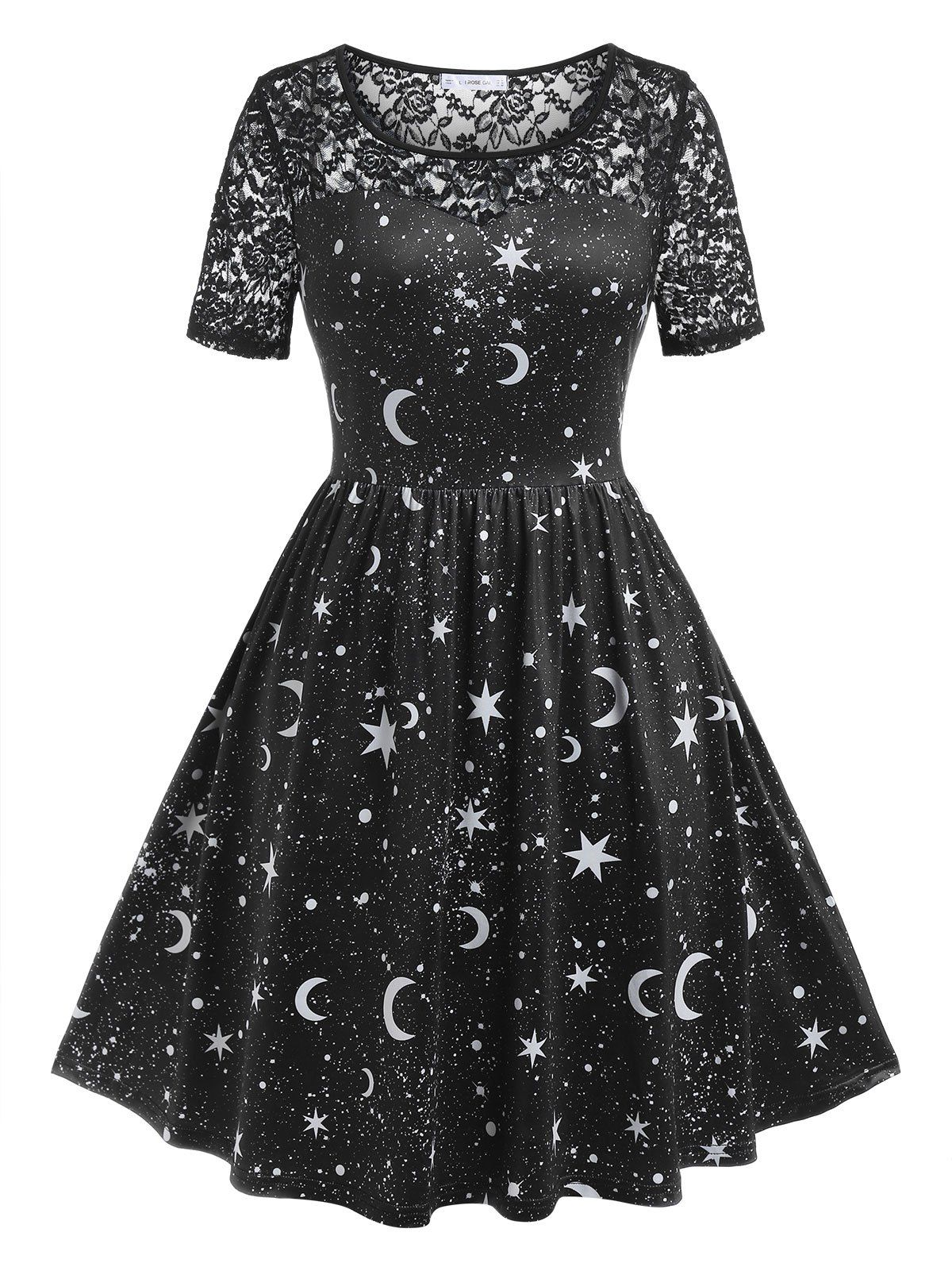 Plus Size Lace Panel Starry Star Print Dress - BLACK 2X