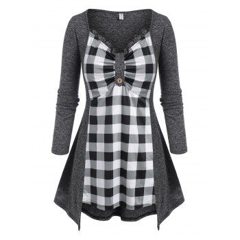 

Plus Size Plaid Space Dye Frilled Long Sleeve Tee, Gray