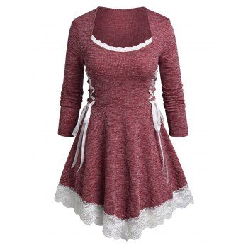 

Plus Size Lace Trim Heathered Lace Up T-shirt, Red