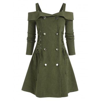 

Cold Shoulder Lace-up Button Up Dress, Deep green