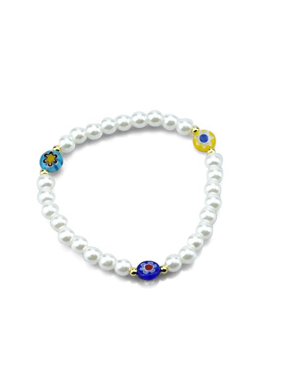 Bracelet Elastique Fleuri avec Fausse Perle - Blanc 