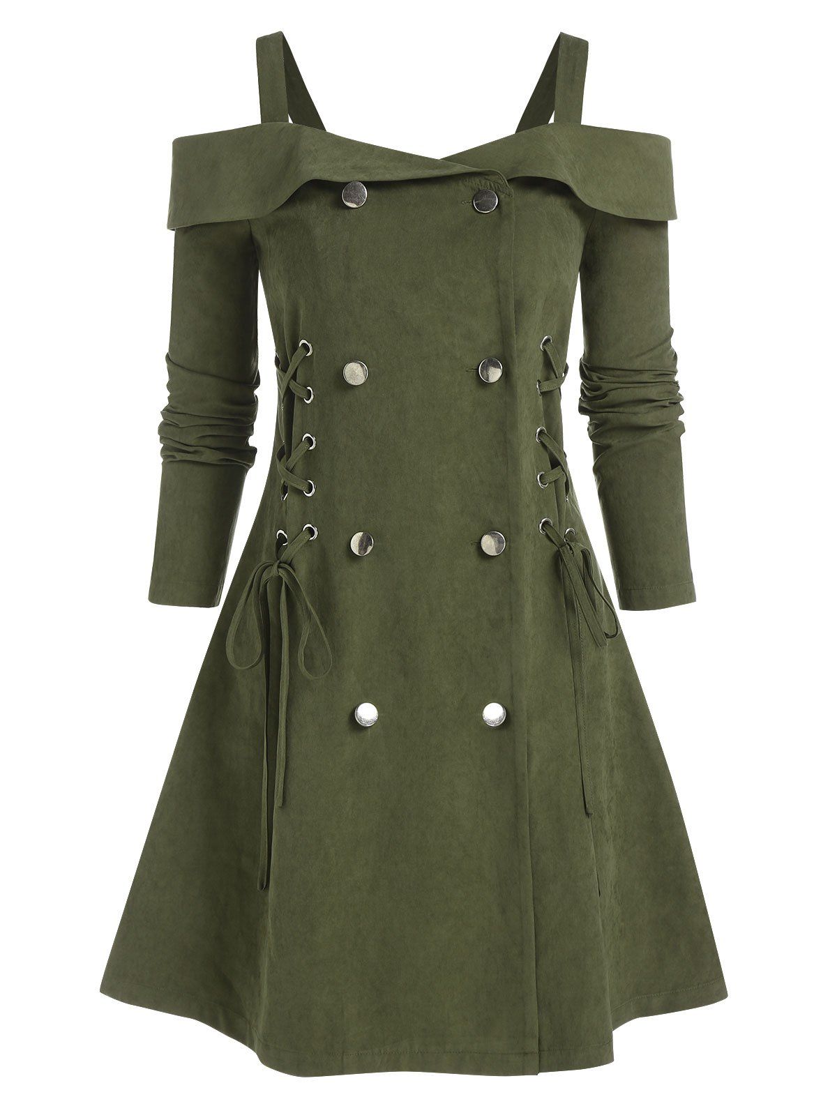 Cold Shoulder Lace-up Button Up Dress - DEEP GREEN M