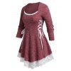 Plus Size Lace Trim Heathered Lace Up T-shirt - RED L