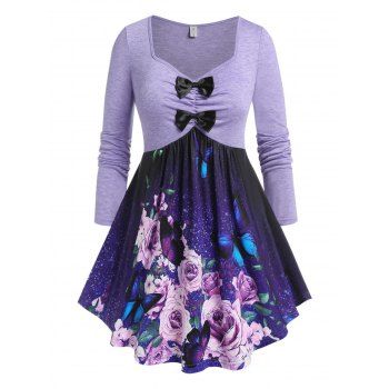 

Plus Size Butterfly Flower Bowknot Long Sleeve Tee, Purple