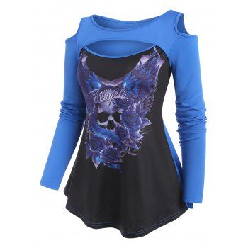 

Skull Flower Wing Print Cold Shoulder Cutout T Shirt, Blue