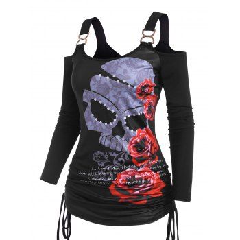 

Gothic Cutout Skull Print Cold Shoulder Cinched Ruched T-shirt, Black