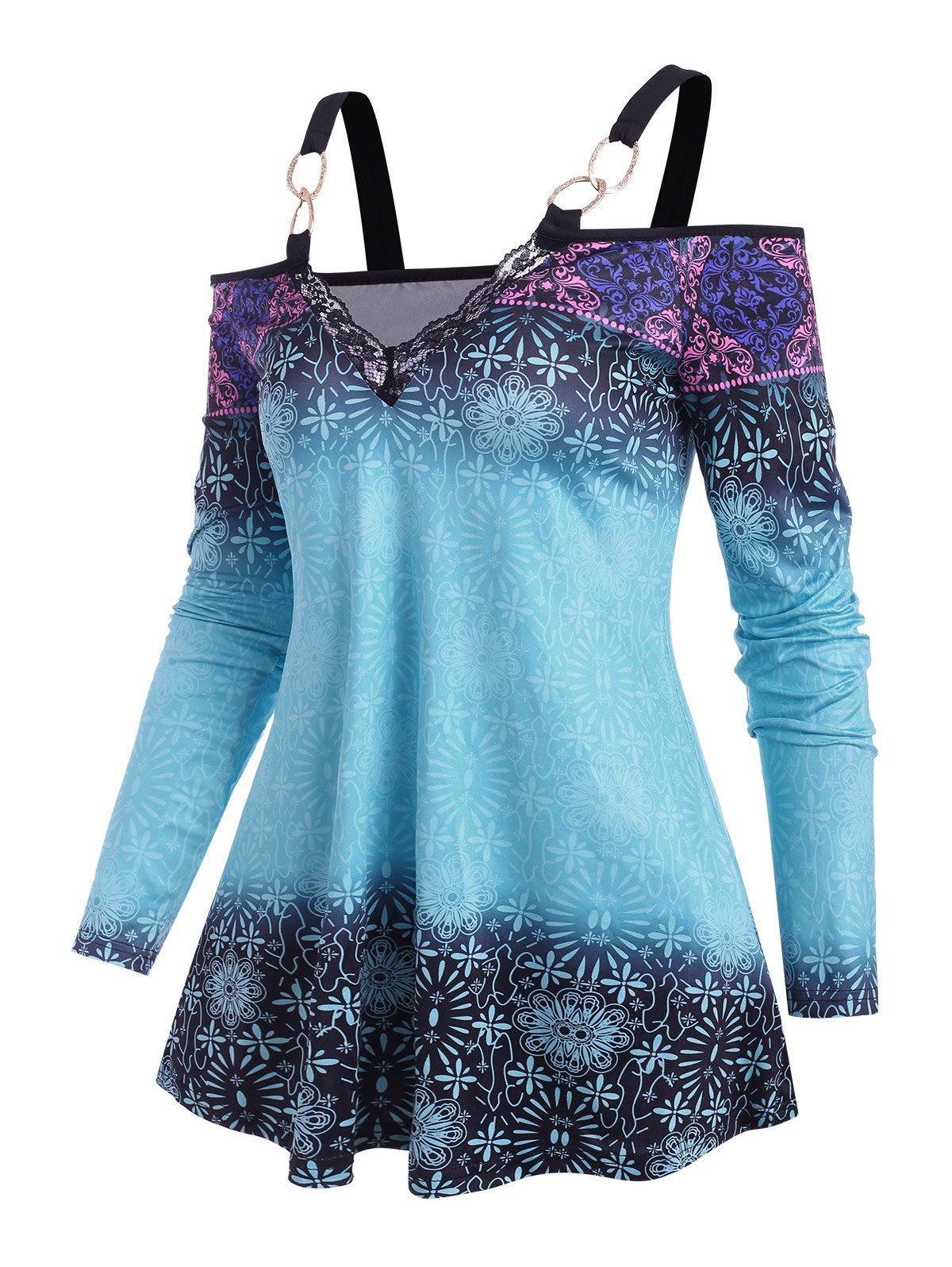 Ombre Flower Print Open Shoulder Lace Insert T Shirt - LIGHT BLUE XL