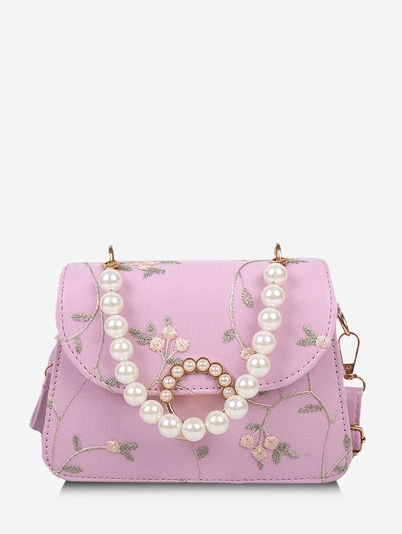 Sac à Bandoulière Fleuri en Fausse Perle - Rose 