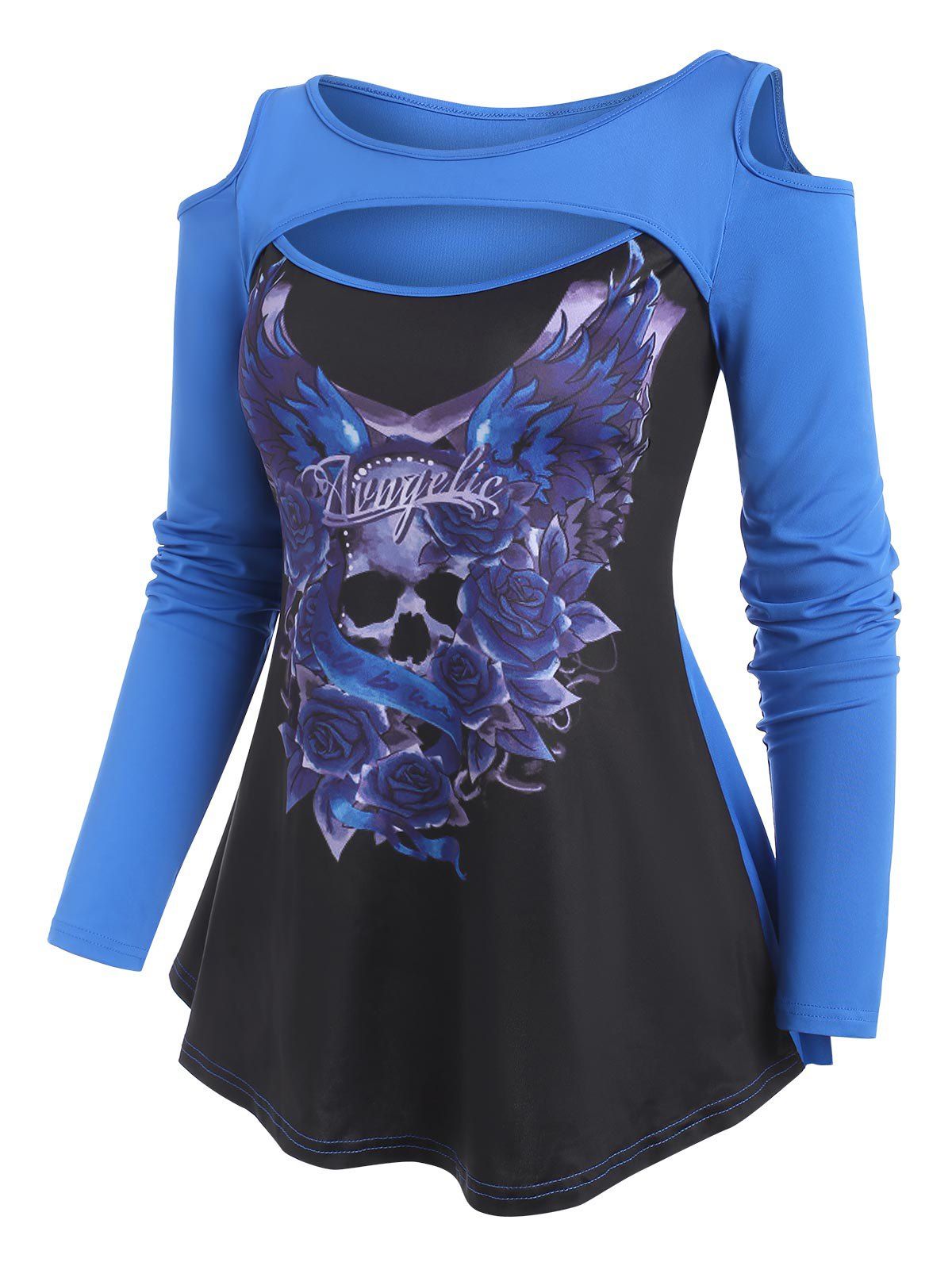 Skull Flower Wing Print Cold Shoulder Cutout T Shirt - BLUE M