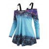 Ombre Flower Print Open Shoulder Lace Insert T Shirt - LIGHT BLUE M