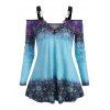 Ombre Flower Print Open Shoulder Lace Insert T Shirt - LIGHT BLUE L