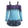 Ombre Flower Print Open Shoulder Lace Insert T Shirt - LIGHT BLUE XXL