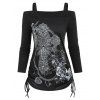 T-shirt Tribal Imprimé à Epaule Dénudée à Lacets - Noir M