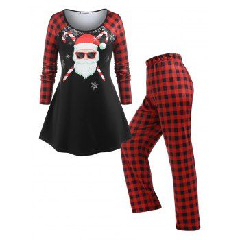 

Plus Size Christmas Santa Claus Print Plaid Pajamas Set, Red