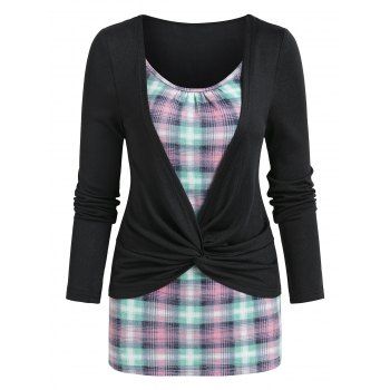 

Twist Colorblock Plaid Faux Two Piece T Shirt, Black