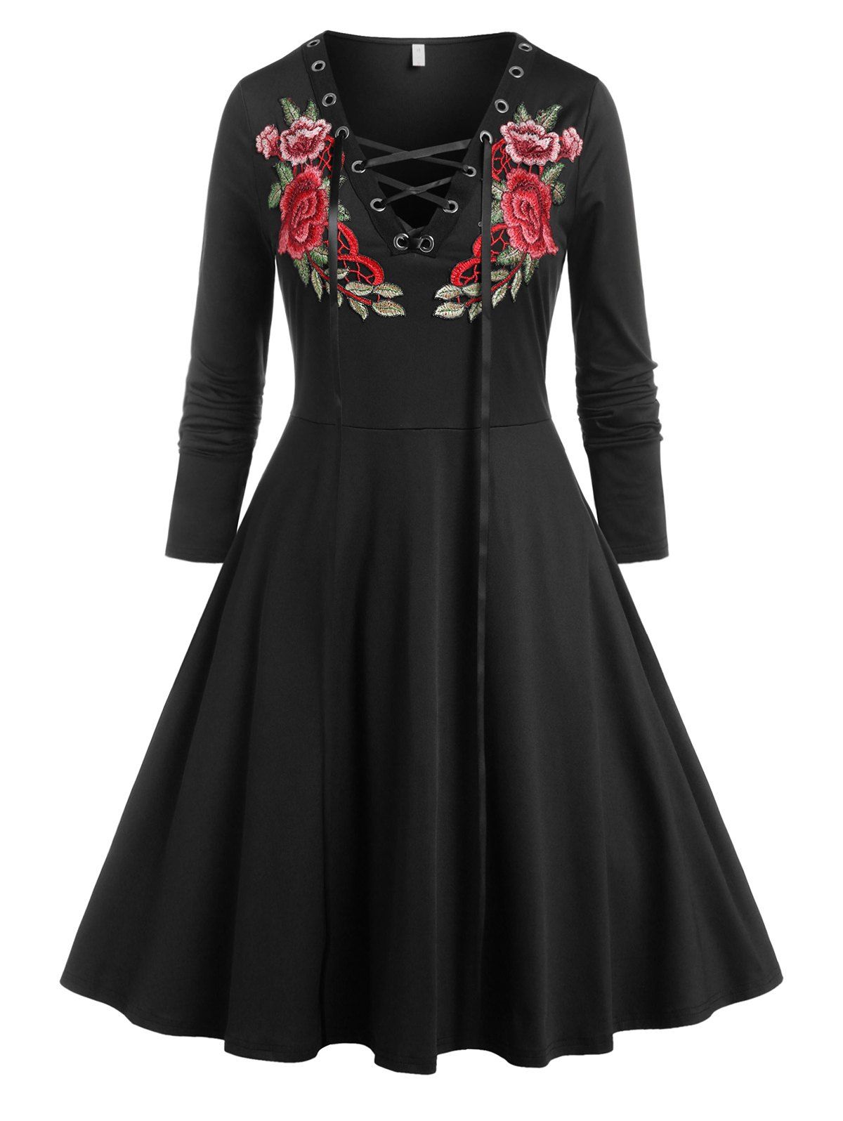 Plus Size Lace Up Floral Applique Dress - BLACK 2X
