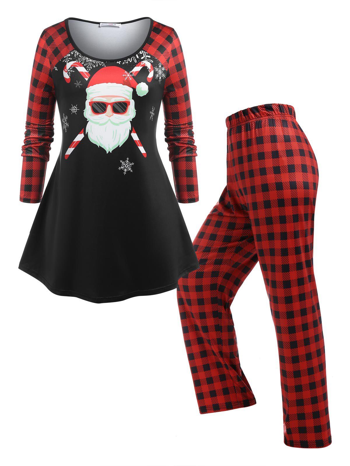 Plus Size Christmas Santa Claus Print Plaid Pajamas Set - RED 5X