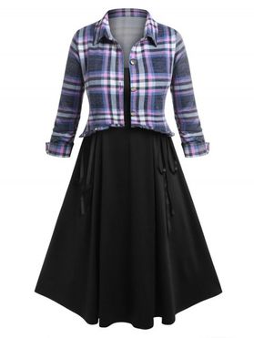 Plus Size Plaid Shirt and Buckled Lace Up Dress Set