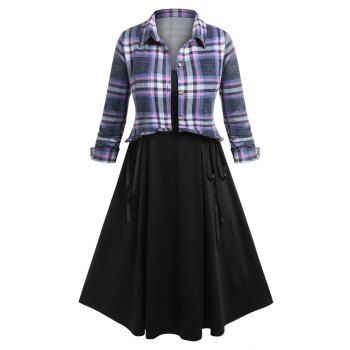 

Plus Size Plaid Shirt and Buckled Lace Up Dress Set, Multicolor