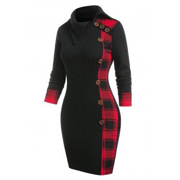 

Plaid Print Mock Button Bodycon Sweater Dress, Black