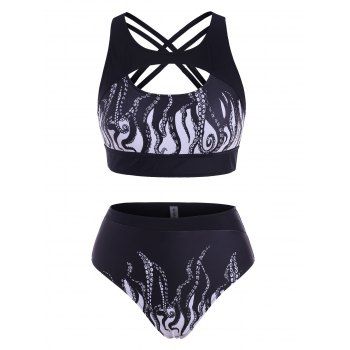 

Beach Cutout Swimsuit Criss Cross Octopus Print Tankini Swimwear, Black