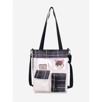 

Plaid Printed Cartoon Pockets Tote Bag, Black