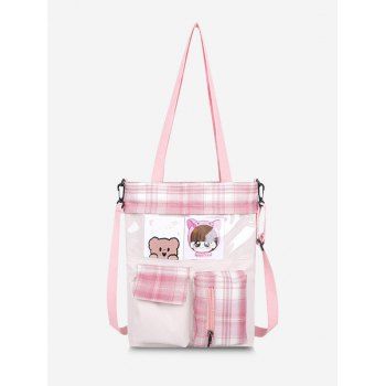 

Plaid Printed Cartoon Pockets Tote Bag, Pink