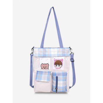 

Plaid Printed Cartoon Pockets Tote Bag, Light blue