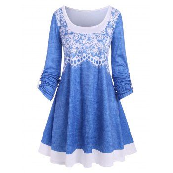 

3D Denim Floral Print Roll Up Sleeve Tunic Dress, Blue