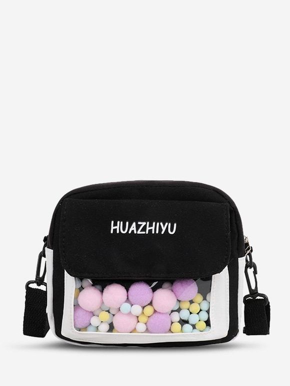 Sac à Bandoulière Transparent en Blocs de Couleurs avec Poche à Pompon - Noir 