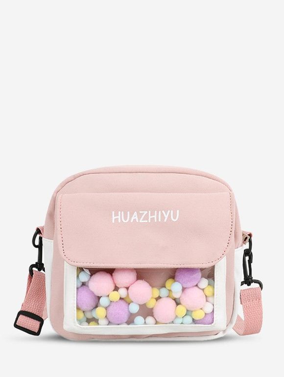 Sac à Bandoulière Transparent en Blocs de Couleurs avec Poche à Pompon - Rose 