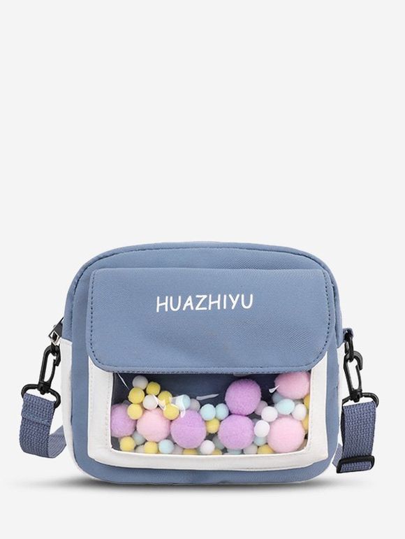 Sac à Bandoulière Transparent en Blocs de Couleurs avec Poche à Pompon - Bleu 