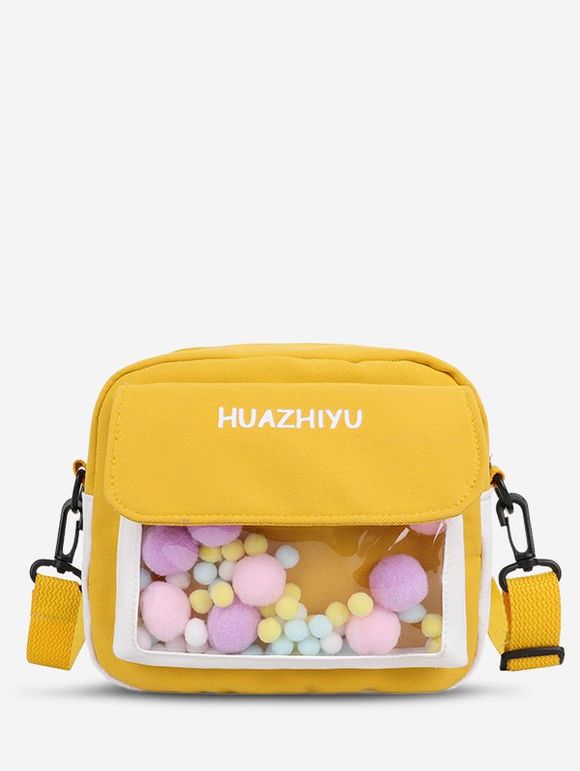 Sac à Bandoulière Transparent en Blocs de Couleurs avec Poche à Pompon - Jaune Soleil 