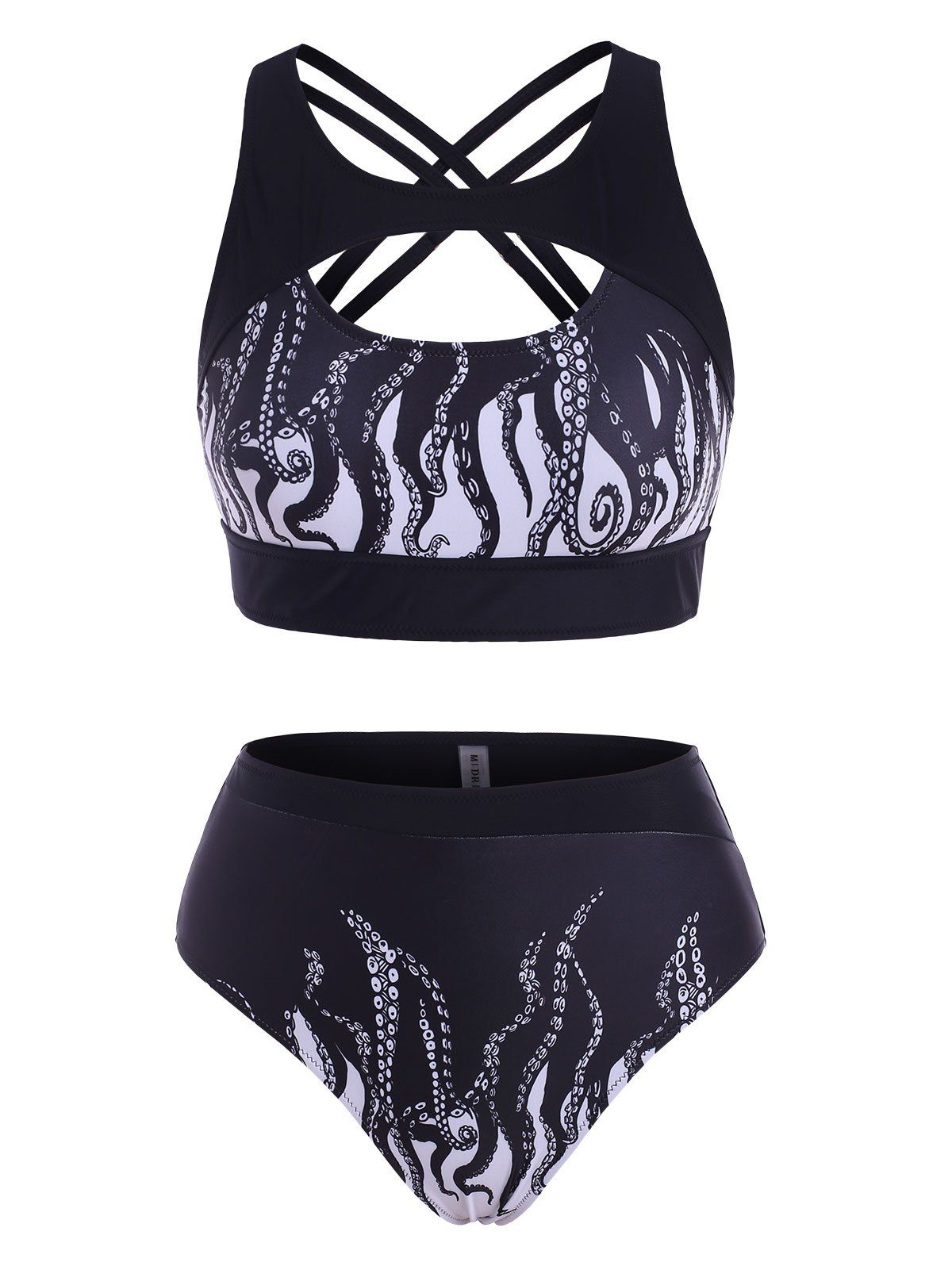 Beach Cutout Swimsuit Criss Cross Octopus Print Tankini Swimwear - BLACK XL