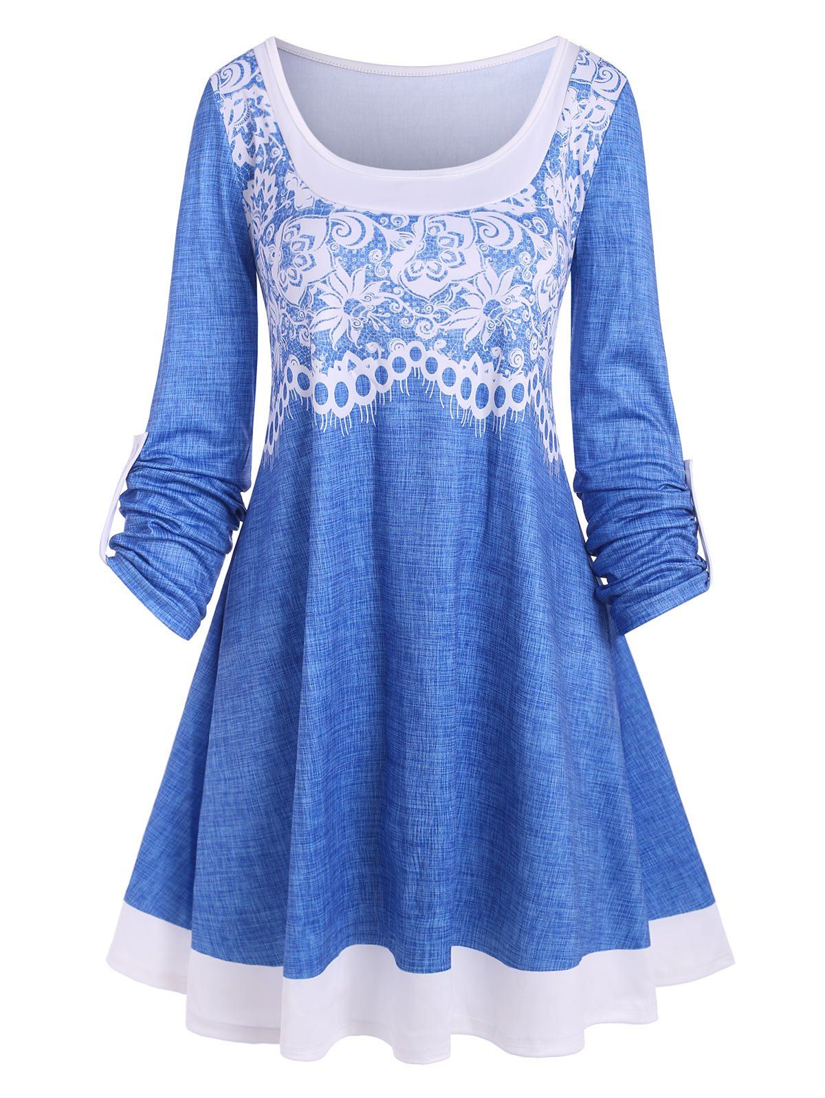 3D Denim Floral Print Roll Up Sleeve Tunic Dress - BLUE L