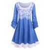 3D Denim Floral Print Roll Up Sleeve Tunic Dress - BLUE S