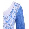 Robe Tunique à Imprimé 3D Florale à Manches Roulées en Denim - Bleu M