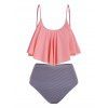 Beach Bathing Suit Flounce Striped Print Swimsuit Cinched Skirt Three Piece Tankini Swimwear - LIGHT PINK M
