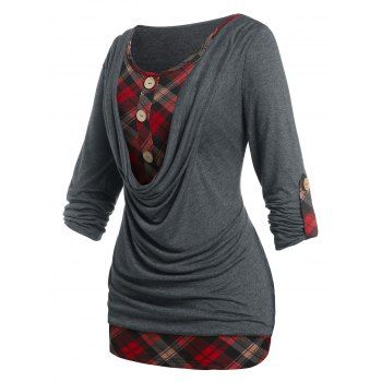 

Plus Size Cowl Front Roll Up Sleeve Plaid Tee, Gray