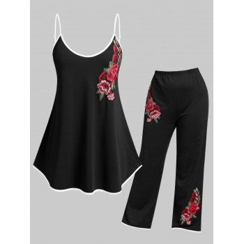 

Plus Size Embroidered Binding Pajama Camisole and Pants Set, Black