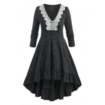 

Mock Button Guipure Lace Flounce Retro Dress, Black